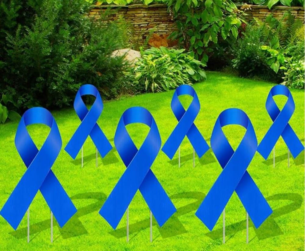 6 Pc Blue Ribbon Awareness Yard Signs with Metal Stakes, Outdoor Awareness Signs